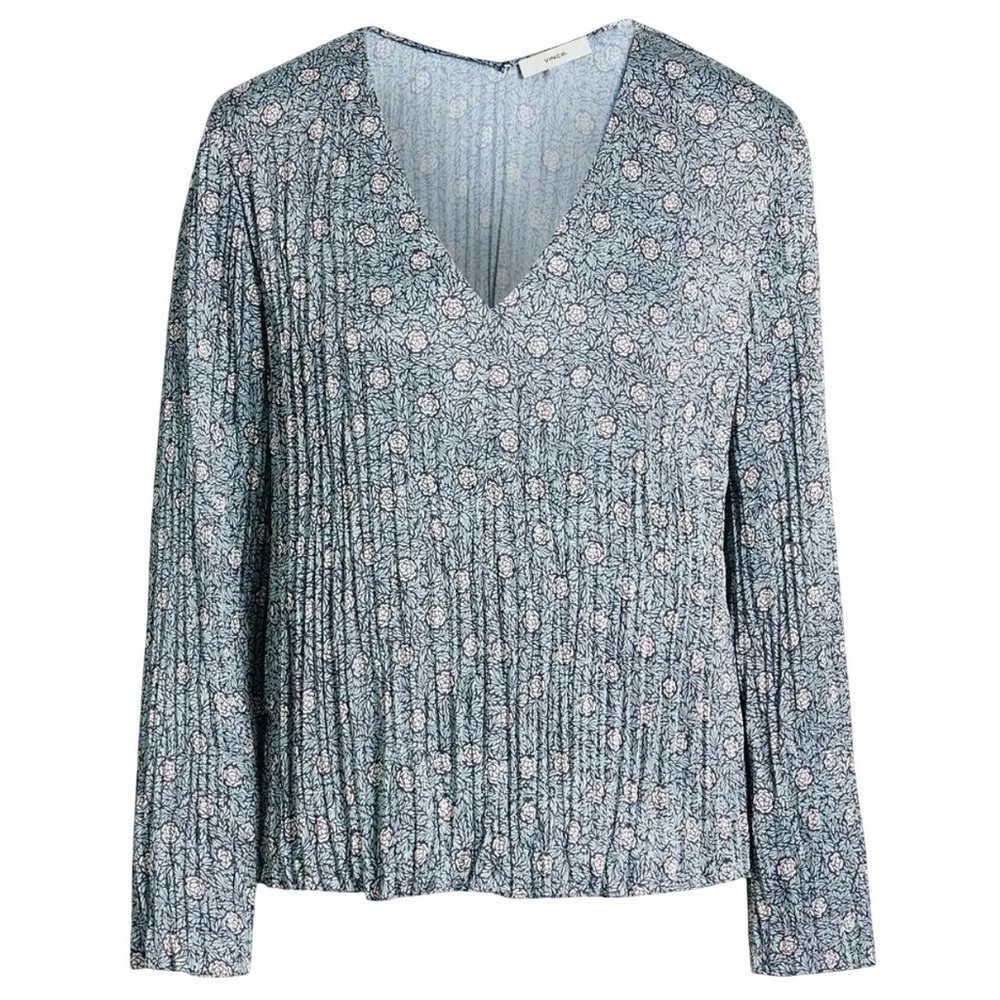 VINCE Light Blue Satin Plissé Floral Print V-Neck Blouse, Size Medium.